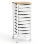 10-Drawer Rolling Storage Cart Mobile Utility Organizer with Wooden Tabletop and Lockable Wheels