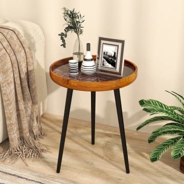 16/20 Inch Round End Table with Sea Shell Decoration and Epoxy Resin Finish-Brown