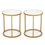 16 Inch Marble Top Round Side Table with Golden Metal Frame for Living Room Bedroom