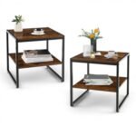 2 Pieces Industrial 2-Tier Side Table Set with Open Shelf