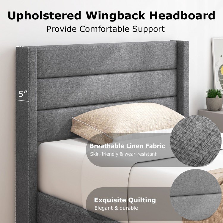 Linen Upholstered Platform Twin/Queen Bed Frame with Wingback Headboard - Image 7