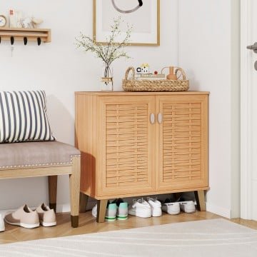 2-Door 4-Tier Shoe Cabinet Storage Organizer with Ventilated Woven Doors