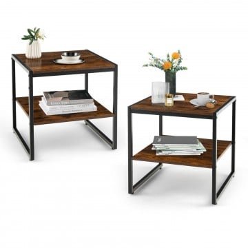 2 Pieces Industrial 2-Tier Side Table Set with Open Shelf