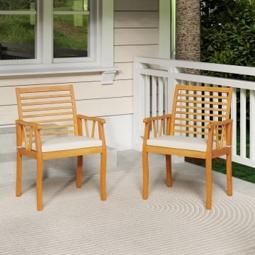 2 Pieces Patio Dining Chairs Outdoor Acacia Wood Armchairs Bistro Conversation Furniture