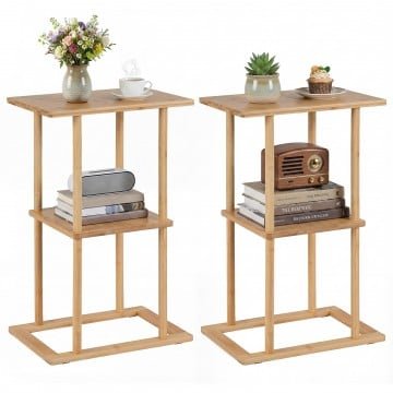 2 Pieces Side Table with Storage Shelves and Bamboo Construction