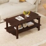 2-Tier Coffee Table Slatted Wood Center Table with Storage Shelf