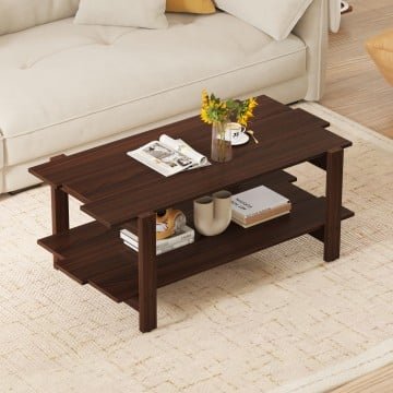2-Tier Coffee Table Slatted Wood Center Table with Storage Shelf