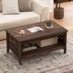 2-Tier Farmhouse Coffee Table with Open Shelf and Woven Decorations for Living Room