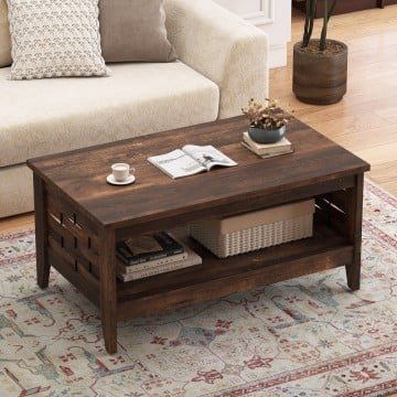 2-Tier Farmhouse Coffee Table with Open Shelf and Woven Decorations for Living Room