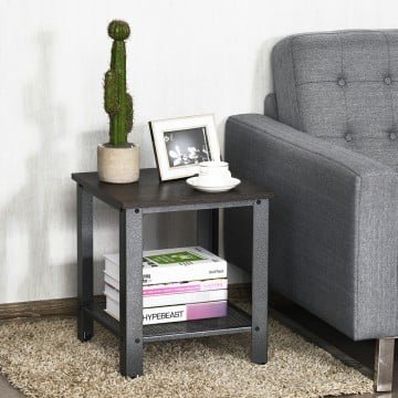 2-Tier Industrial End Table with Storage Shelf for Small Space