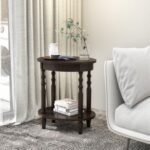 2-Tier Oval Side Table with Storage Shelf and Solid Wood Legs