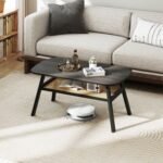 2-Tier Rectangular Center Coffee Table with Rattan Storage Shelf and Rubber Wood Legs