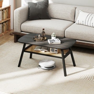 2-Tier Rectangular Center Coffee Table with Rattan Storage Shelf and Rubber Wood Legs