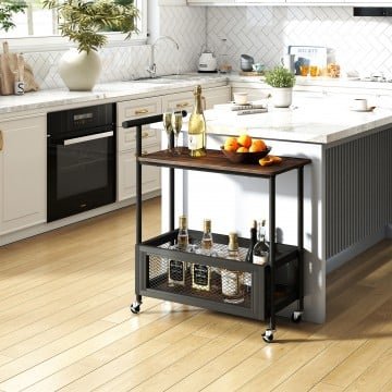 2-Tier Rolling End Table with Handle and Mesh Basket