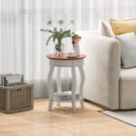 2-Tier Round End Table with Storage Shelf and Solid Rubber Wood Legs