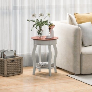 2-Tier Round End Table with Storage Shelf and Solid Rubber Wood Legs