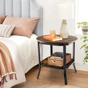 2-Tier Round End Table with Storage Shelf for Living Room