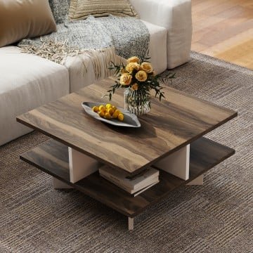 2-Tier Square Coffee Table with 4 Storage Compartments