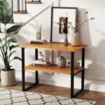 2-Tier Teak Wood End Table Sofa Side for Living Room Hallway Laundry