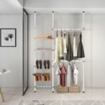 2 Tier Telescopic Clothes Hangers with Shoe Rack & Shelf