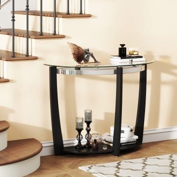 2-tier Tempered Glass Console Table with Clear Glass Top and Open Shelf