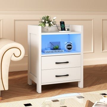 23.5 Inches Nightstand with Charging Station and Open Storage Shelf
