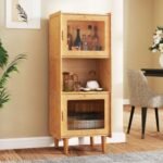 3-Cube Bamboo Storage Cabinet with Open Compartment and 2 Acrylic Doors