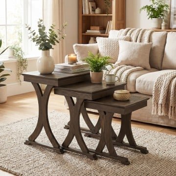 3 Pieces Nesting Coffee Table Side Table with Solid Rubber Wood Legs
