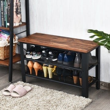 3-Tier Industrial Shoe Rack Bench with Storage Shelves