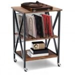 3 Tiers Vintage Style Rolling End Table with 3 Dividers for Albums