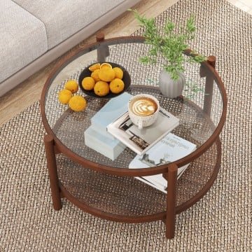 31 Inch 2-Tier Round Coffee Table with Tempered Glass Top for Living Room
