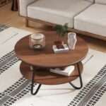 33.5 Inch Round Coffee Table with Wood Grain Finish and Heavy-duty Metal Frame