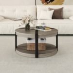 34.5" Rubber Wood 2-Tier Round Center Table with Spacious Tabletop and Storage Shelf