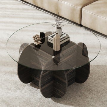 35" Round Coffee Table Unique Circle Center Table with Tempered Glass Top and Solid Wood Base