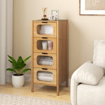 4-Drawer Dresser Bamboo Storage Cabinet with Fluted Tempered Glass Drawers