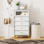 4 Drawer Modern Storage Cabinet with Flip Up Fluted Glass Door