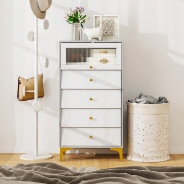 4 Drawer Modern Storage Cabinet with Flip Up Fluted Glass Door