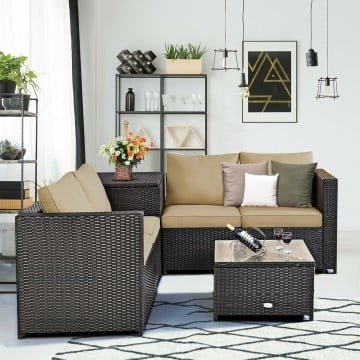 4 Pieces Outdoor Patio Rattan Furniture Set with Loveseat and Storage Box