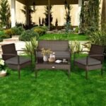 4 Pieces Patio Rattan Cushioned Furniture Set with Lounger and Table
