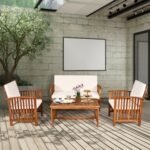 4 Pieces Patio Solid Wood Furniture Set with Water Resistant Cushions