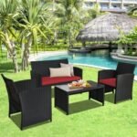 4 Pieces Rattan Patio Furniture Set with Tempered Glass Tabletop and Weather Resistant Cushions