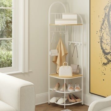 4-Tier Coat Rack Corner Hall Tree with Shoe Storage Bench