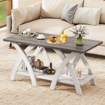 40 Inch Farmhouse Wooden Coffee Table with Storage Shelf with X-shaped Legs