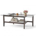 42 Inch Rectangular 2-Tier Glass Coffee Table with Storage Shelf