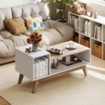 43 Inch Coffee Table with Stepped Tabletop and Storage Compartments