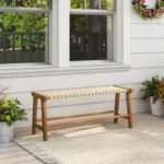 47 Inches Long Teak Wood Patio Bench with Weave Seat and Solid Wood Legs