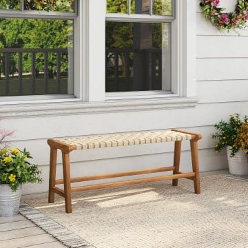 47 Inches Long Teak Wood Patio Bench with Weave Seat and Solid Wood Legs