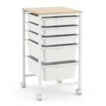 5-Drawer Rolling Storage Cart Mobile Utility Organizer with Wooden Tabletop and Lockable Wheels