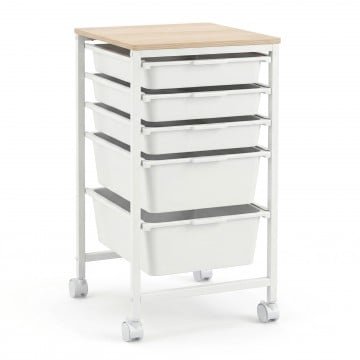 5-Drawer Rolling Storage Cart Mobile Utility Organizer with Wooden Tabletop and Lockable Wheels