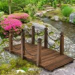 5 Feet Wooden Garden Bridge Arc Footbridge Stained Finish Walkway with Safety Rails